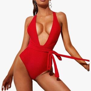 Red One Piece Tie Waist Swim Suit NWOT